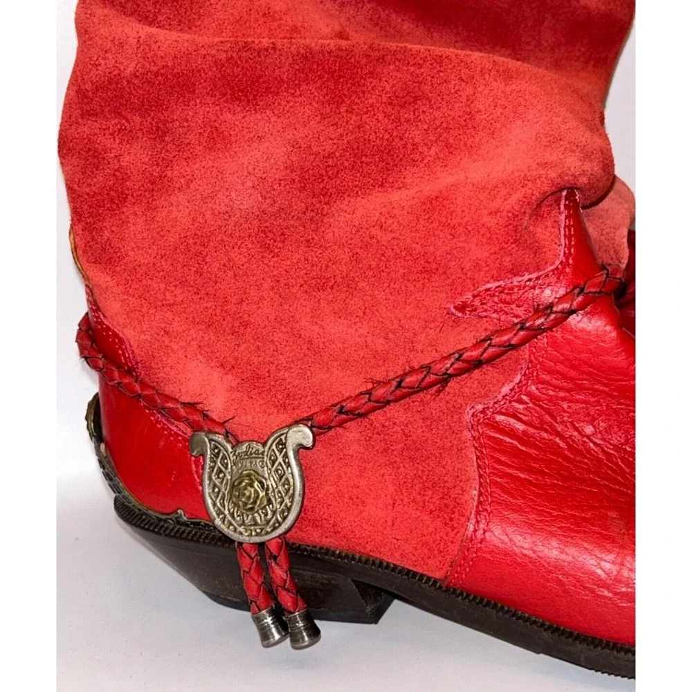 ZODIAC Vintage 80s Lauper Red Leather Slouchy Cowboy Boots Womens 6.5 Charm‎